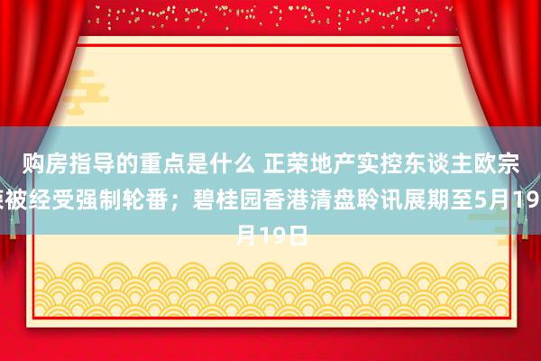 购房指导的重点是什么 正荣地产实控东谈主欧宗荣被经受强制轮番；碧桂园香港清盘聆讯展期至5月19日